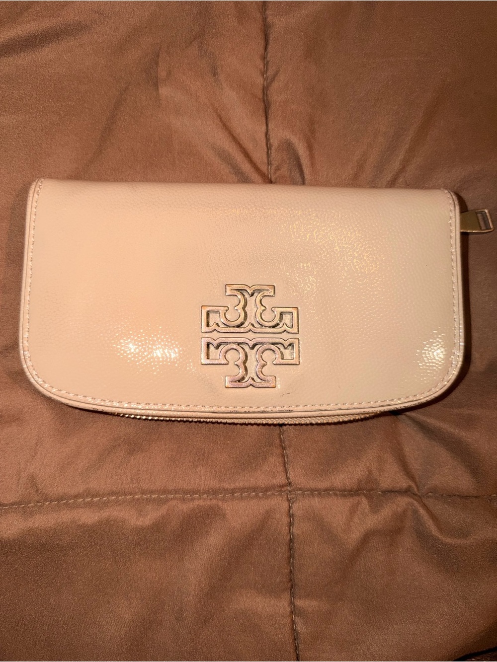 Tory Burch Blush Patent Leather Clutch with Logo